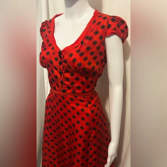 Rare Vintage Marc Jacobs Sz 6 100% Silk Red FloralPuff Sleeve Midi Dress Retro - Picture 4 of 9